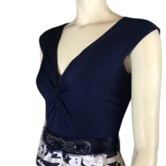 Teri Jon Knot front V-Neck Printed Navy & White Ball evening Gown dress size 2 - Picture 4 of 13